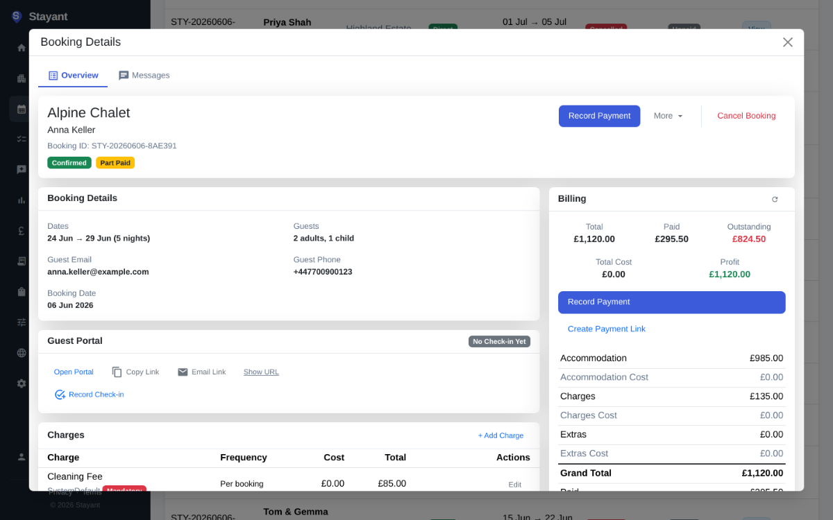 A booking in Stayant: billing summary with deposit paid, outstanding balance, itemised charges and guest portal access