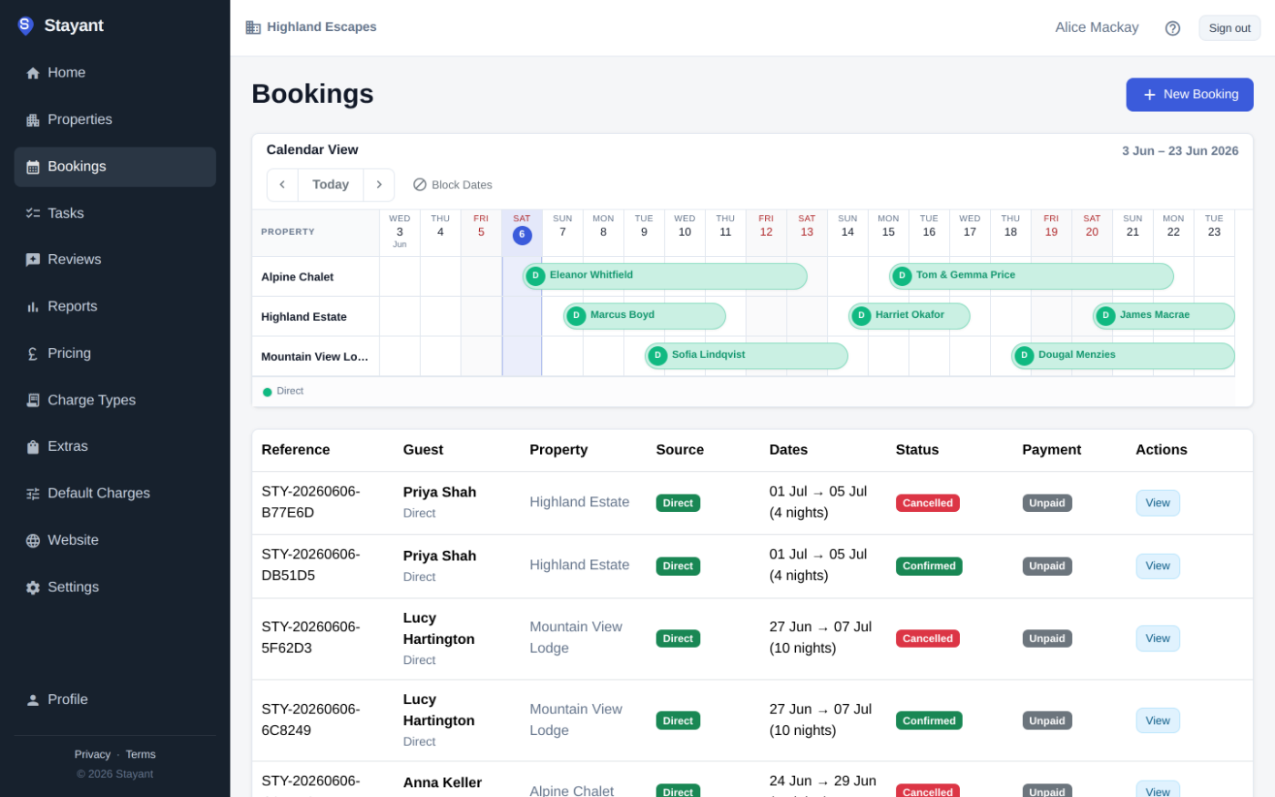 The bookings calendar in Stayant — availability and bookings across every property on one screen