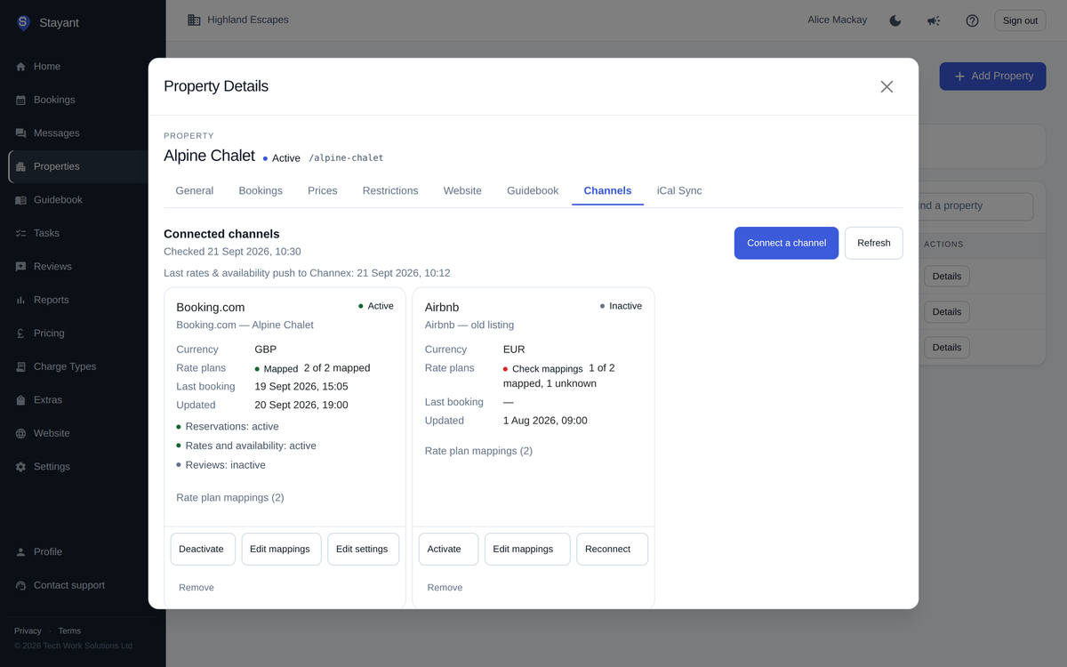 A property’s Channels tab with Booking.com and Airbnb connected