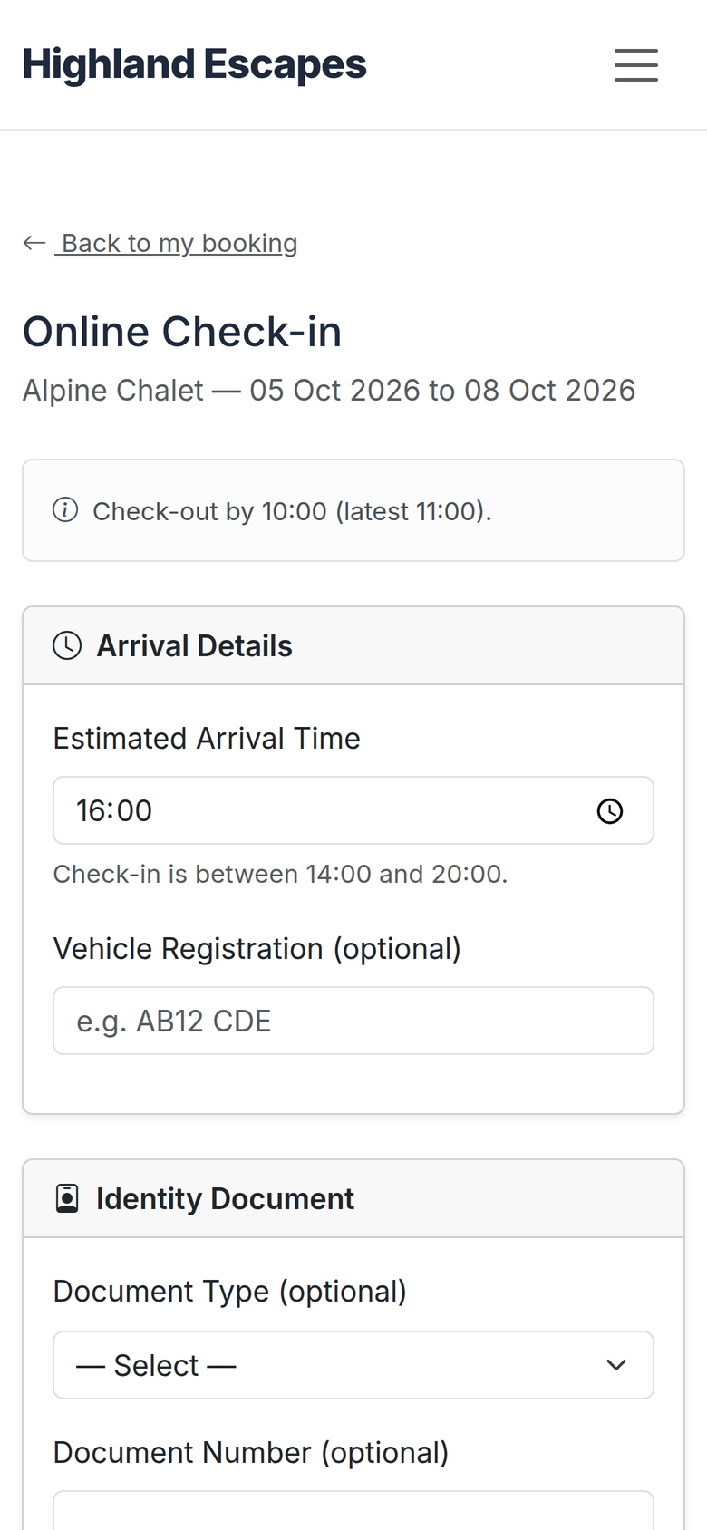 The online check-in form on a phone