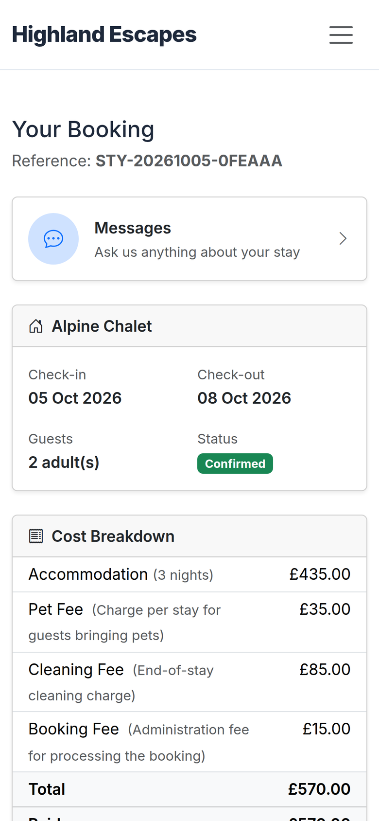 A guest’s booking in the Stayant guest portal on a phone