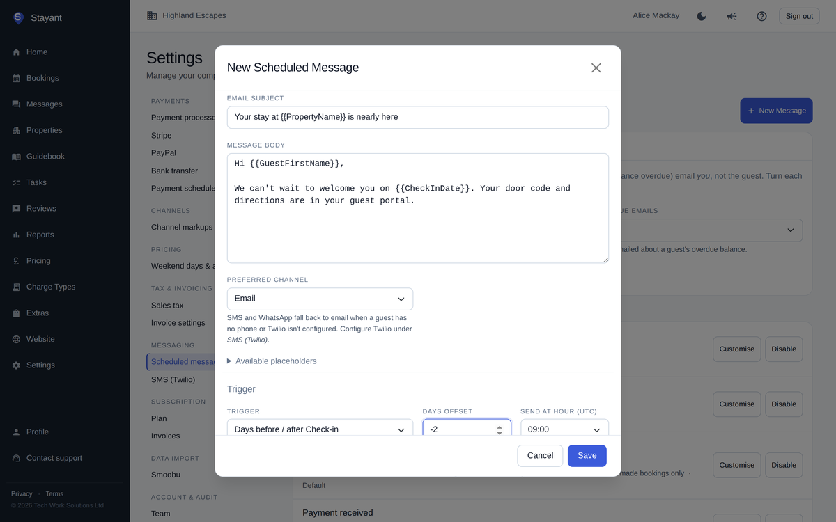 Writing a scheduled message that goes out two days before check-in