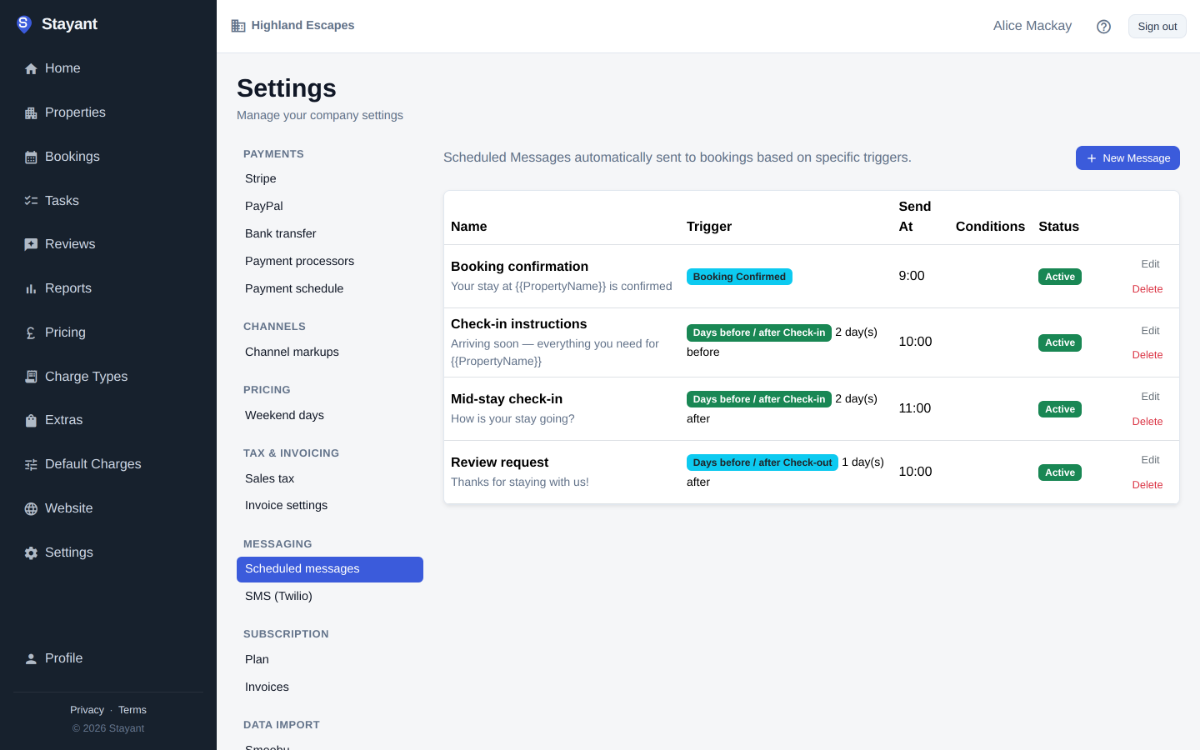 Scheduled message templates in Stayant — booking confirmation, check-in instructions, mid-stay check and review request, each with its trigger