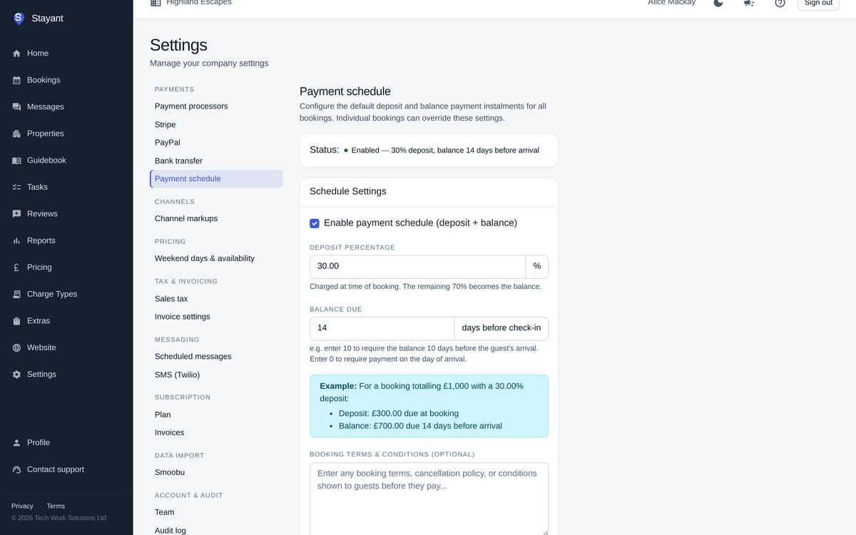 Payment schedule settings: deposit percentage and balance due days