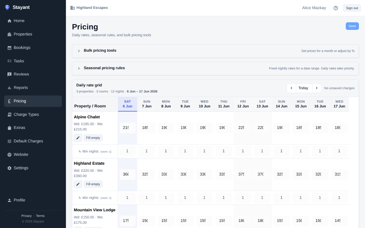 The daily rate grid in Stayant — per-night prices and minimum stays across properties, with bulk tools and seasonal rules