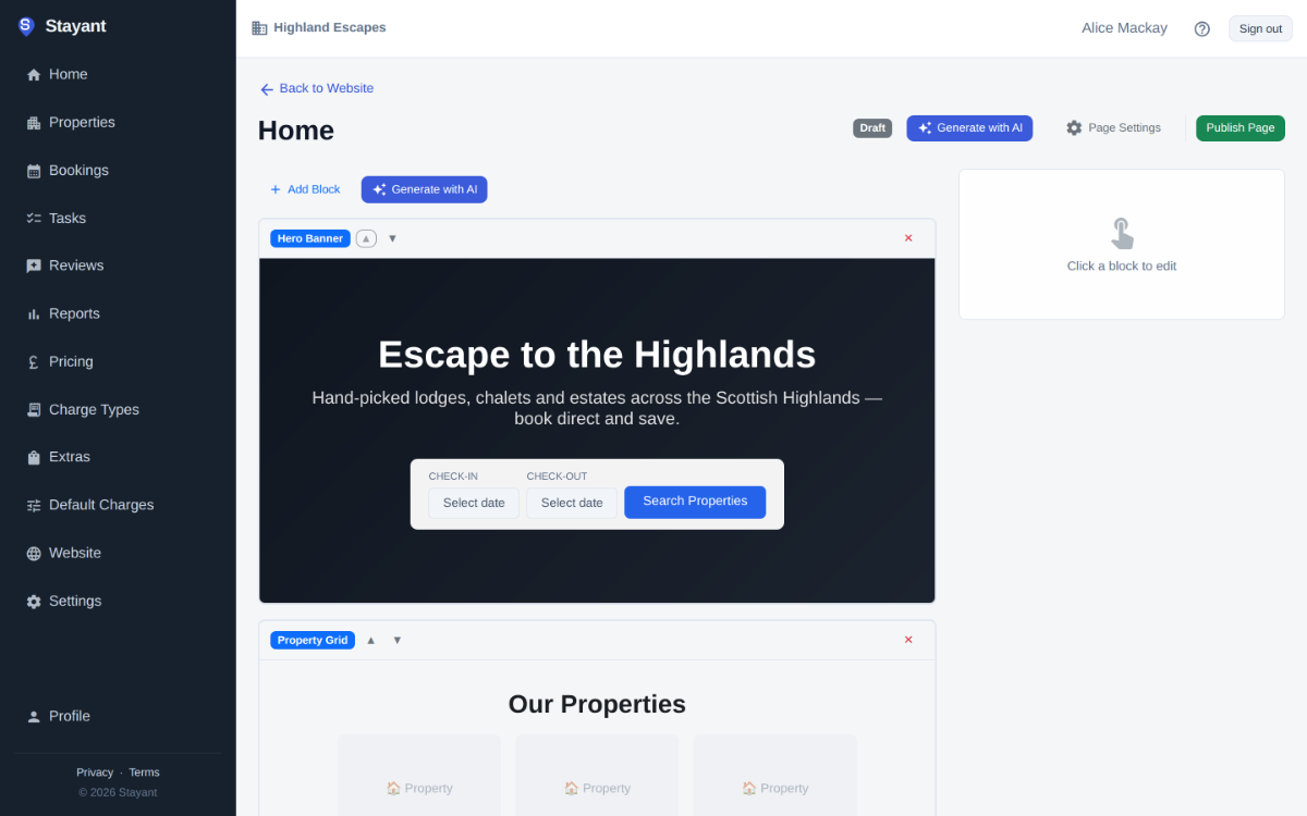 The block-based site builder in Stayant — editing a homepage hero with date search and a property grid